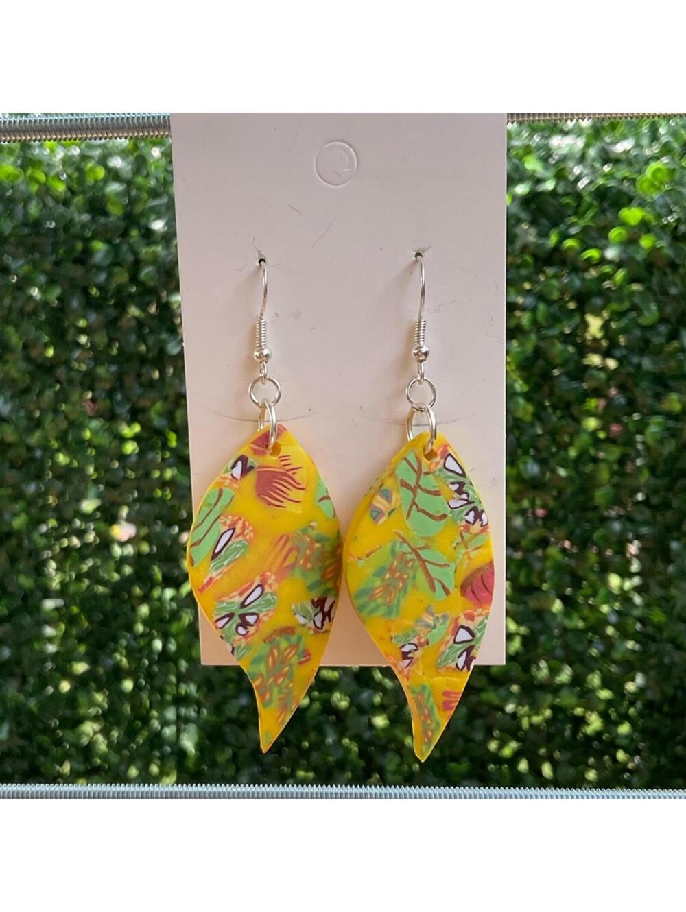 Handmade Polymer Clay Earrings Yellow Tropical Leaf Dangle Statement Jewelry